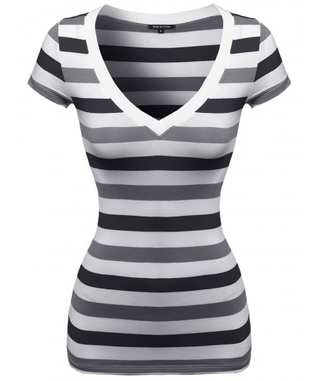 Women's Wide V-Neck Stripe Short Sleeve Tee Shirts