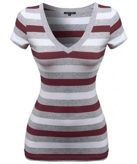 Women's Wide V-Neck Stripe Short Sleeve Tee Shirts