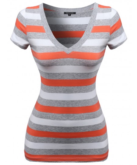 Women's Wide V-Neck Stripe Short Sleeve Tee Shirts