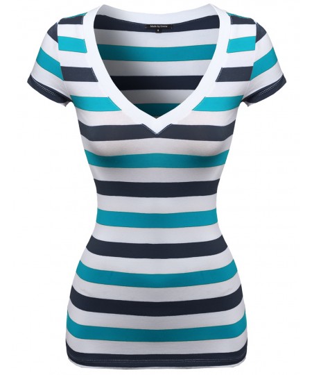 Women's Wide V-Neck Stripe Short Sleeve Tee Shirts