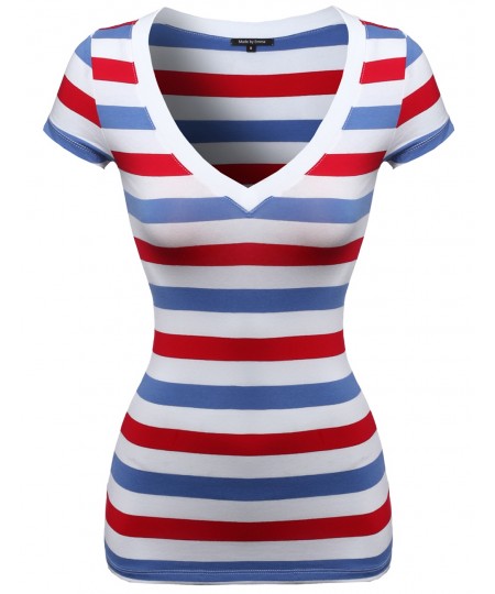 Women's Wide V-Neck Stripe Short Sleeve Tee Shirts