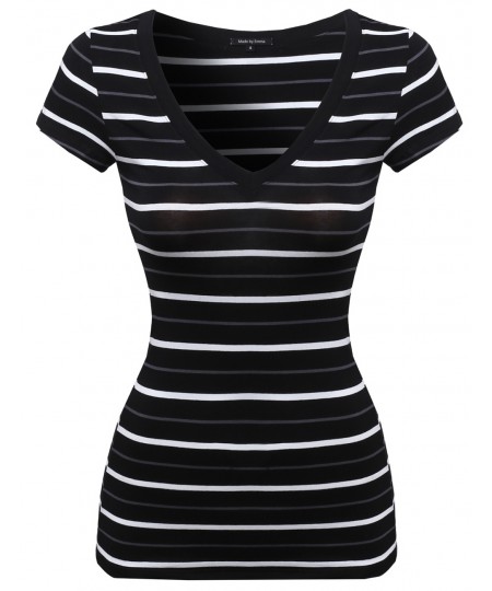 Women's Wide V-Neck Stripe Short Sleeve Tee Shirts2