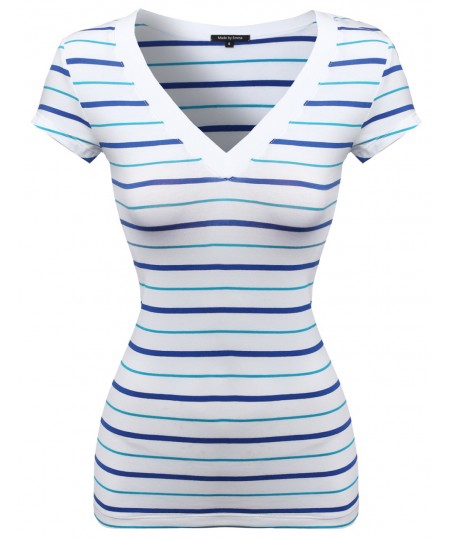 Women's Wide V-Neck Stripe Short Sleeve Tee Shirts2