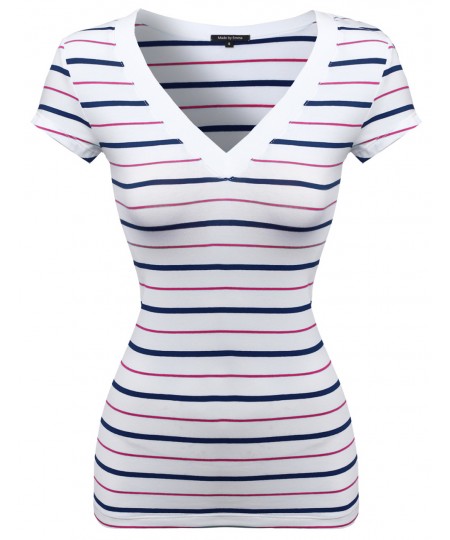 Women's Wide V-Neck Stripe Short Sleeve Tee Shirts2