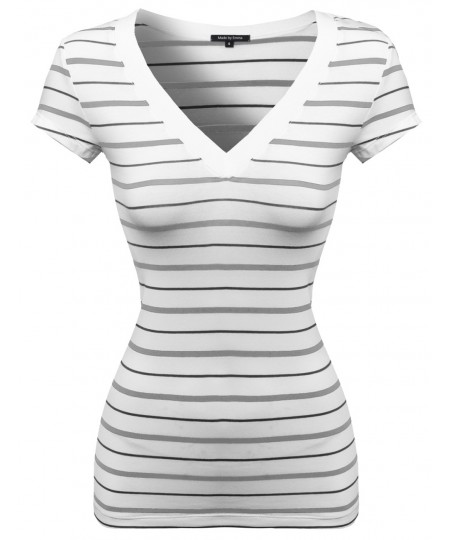 Women's Wide V-Neck Stripe Short Sleeve Tee Shirts2