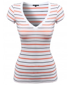 Women's Wide V-Neck Stripe Short Sleeve Tee Shirts2