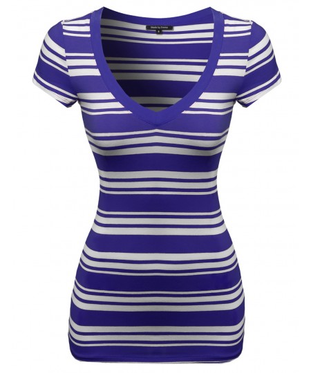 Women's Wide V-Neck Stripe Short Sleeve Tee Shirts3