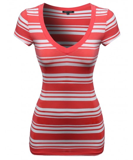 Women's Wide V-Neck Stripe Short Sleeve Tee Shirts3