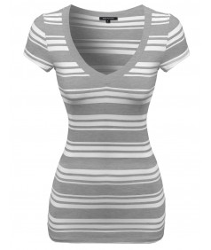 Women's Wide V-Neck Stripe Short Sleeve Tee Shirts3