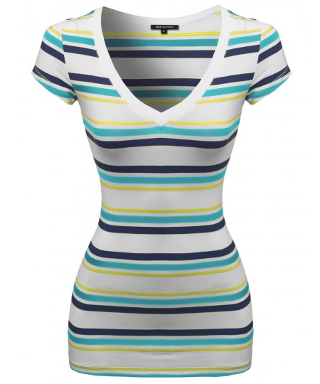 Women's Wide V-Neck Stripe Short Sleeve Tee Shirts4