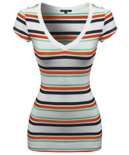 Women's Wide V-Neck Stripe Short Sleeve Tee Shirts4