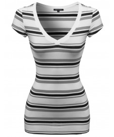 Women's Wide V-Neck Stripe Short Sleeve Tee Shirts4