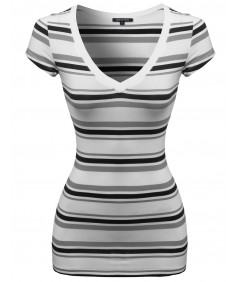 Women's Wide V-Neck Stripe Short Sleeve Tee Shirts4