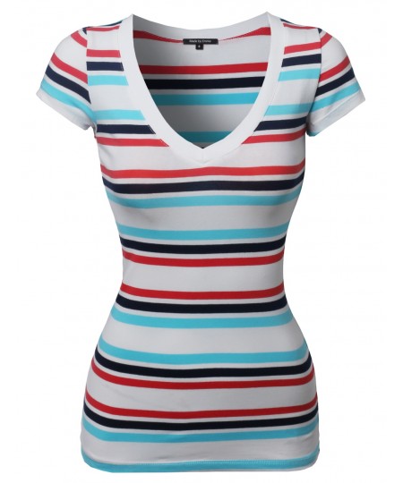 Women's Wide V-Neck Stripe Short Sleeve Tee Shirts5