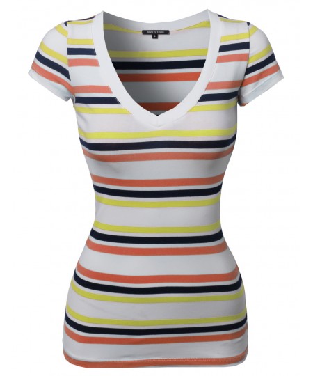 Women's Wide V-Neck Stripe Short Sleeve Tee Shirts5