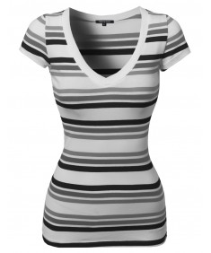 Women's Wide V-Neck Stripe Short Sleeve Tee Shirts5