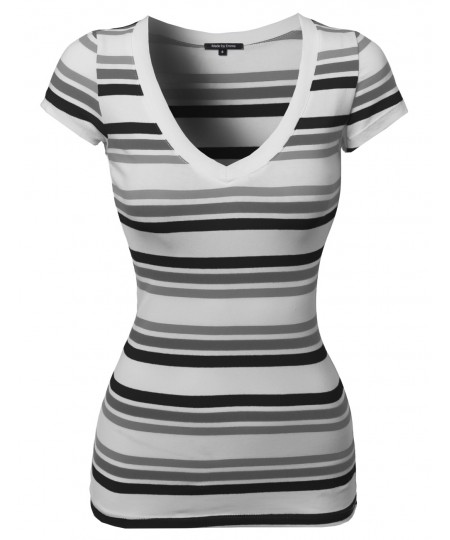 Women's Wide V-Neck Stripe Short Sleeve Tee Shirts5