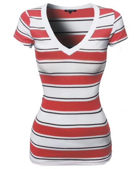 Women's Wide V-Neck Stripe Short Sleeve Tee Shirts6