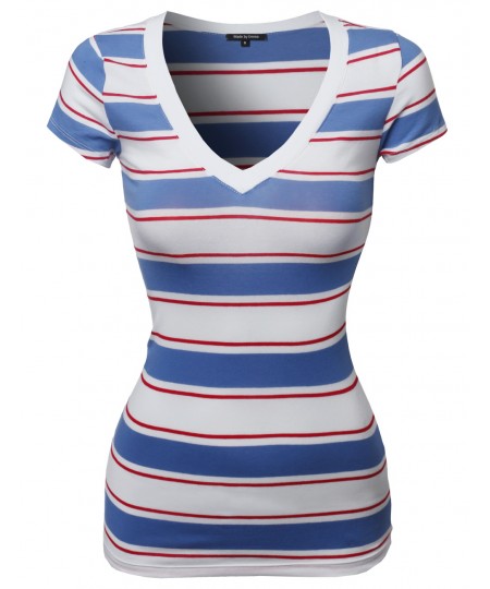 Women's Wide V-Neck Stripe Short Sleeve Tee Shirts6