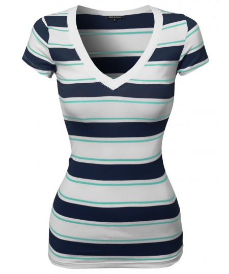 Women's Wide V-Neck Stripe Short Sleeve Tee Shirts6