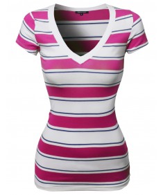 Women's Wide V-Neck Stripe Short Sleeve Tee Shirts6