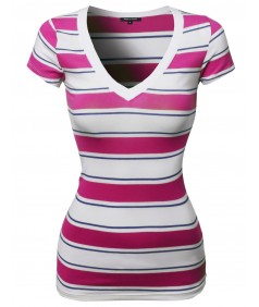 Women's Wide V-Neck Stripe Short Sleeve Tee Shirts6