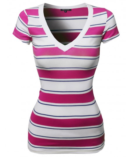 Women's Wide V-Neck Stripe Short Sleeve Tee Shirts6