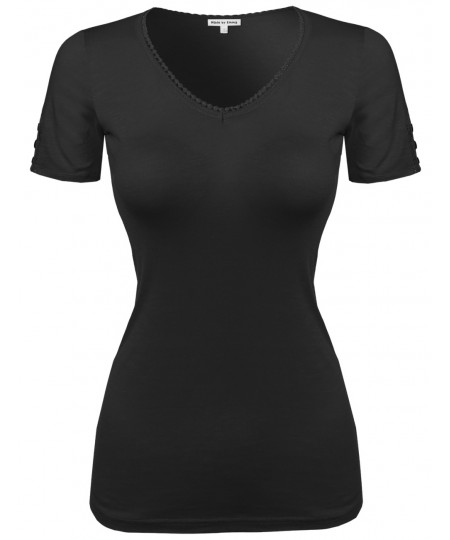 Women's Solid Cap Sleeve V Neck Tee Shirt In Various Colors