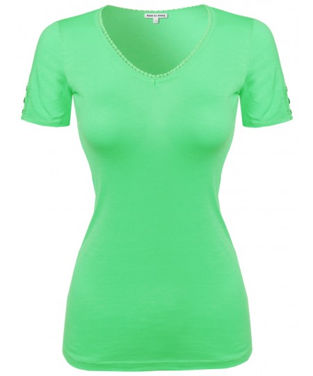 Women's Solid Cap Sleeve V Neck Tee Shirt In Various Colors