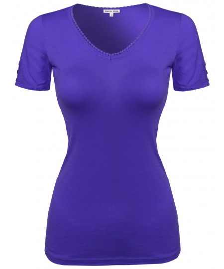 Women's Solid Cap Sleeve V Neck Tee Shirt In Various Colors