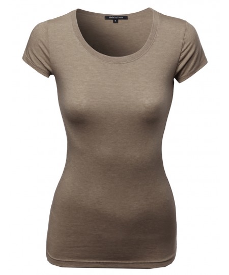 Women's Basic Solid Cotton Based Crew Neck Cap Sleeves Heather Styled Tee