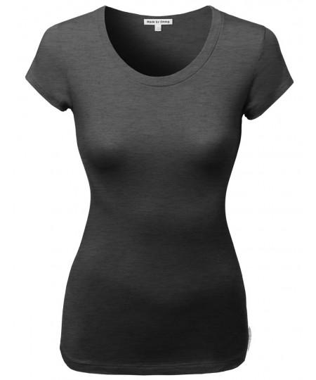 Women's Basic Solid Cotton Based Crew Neck Cap Sleeves Tee