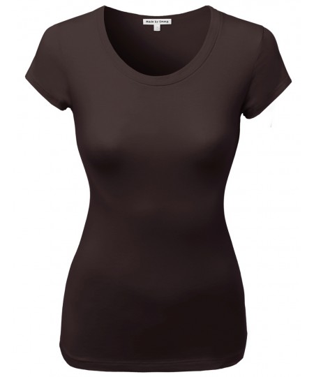 Women's Basic Solid Cotton Based Crew Neck Cap Sleeves Tee