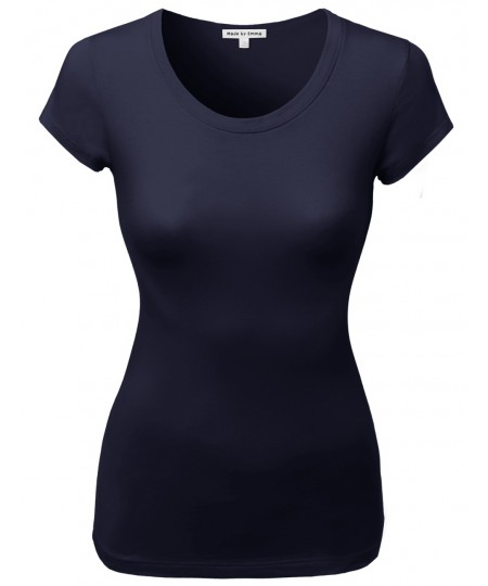 Women's Basic Solid Cotton Based Crew Neck Cap Sleeves Tee