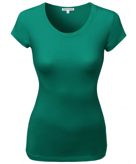 Women's Basic Solid Cotton Based Crew Neck Cap Sleeves Tee