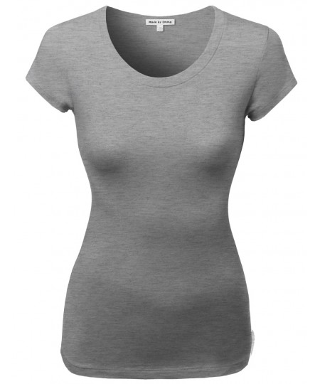 Women's Basic Solid Cotton Based Crew Neck Cap Sleeves Tee