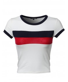 Women's Short Sleeve Color Block Crop Top