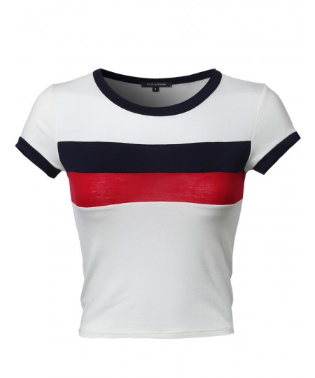 Women's Short Sleeve Color Block Crop Top