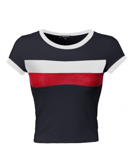 Women's Short Sleeve Color Block Crop Top