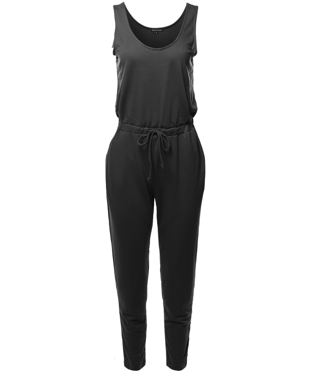 Women's Solid Sleeveless Drawstring Waist Long Jumpsuit - FashionOutfit.com
