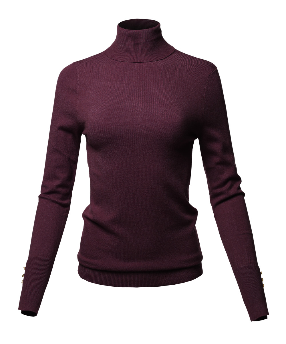 Women's Casual Solid Soft Light Weight Gold Button Turtleneck Sweater ...