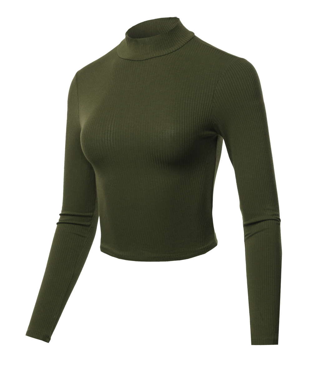 Women's Solid Ribbed Mock Neck Long Sleeve Basic Crop Top ...
