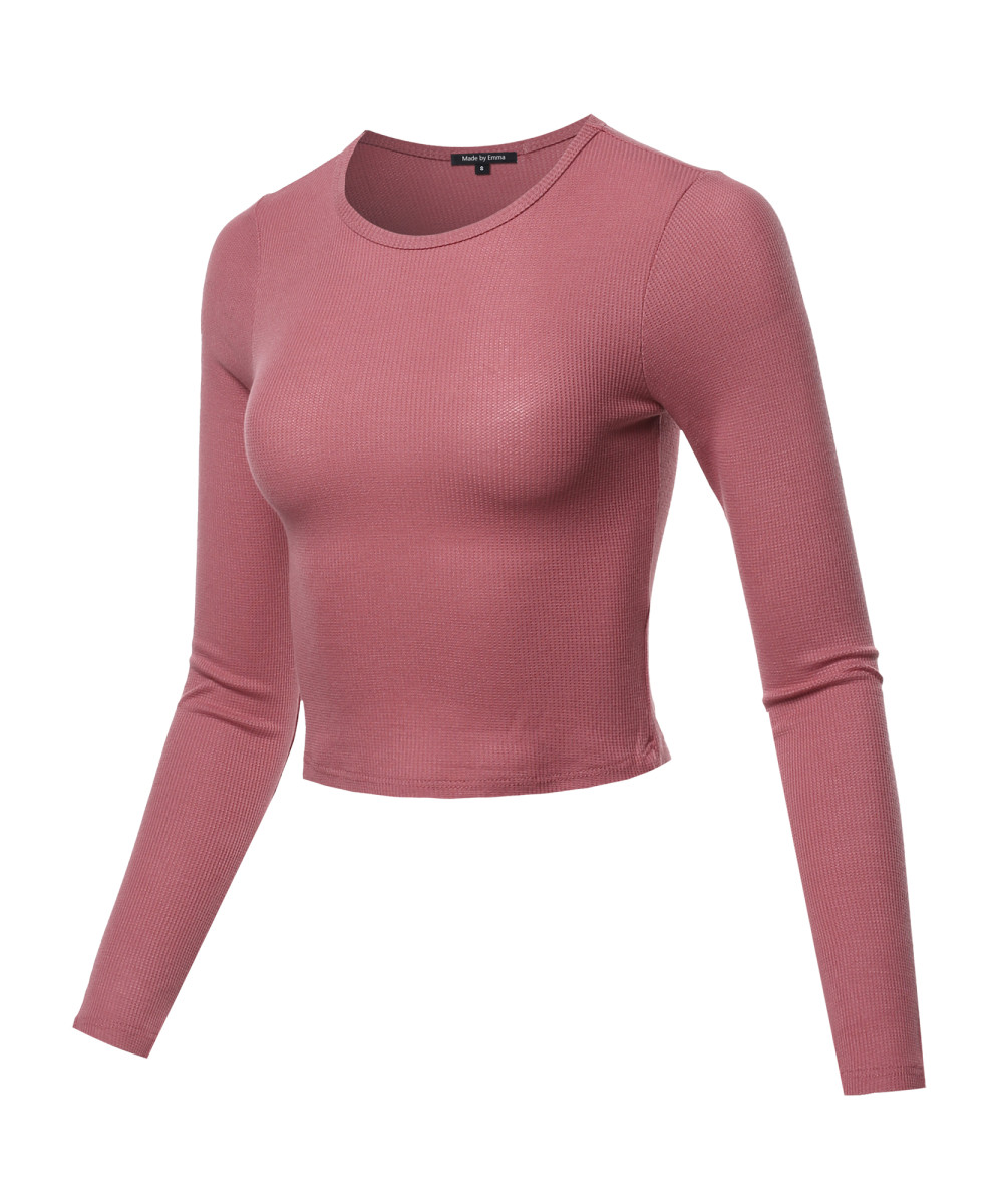 Women's Solid Long Sleeves Thermal Crop Top - FashionOutfit.com