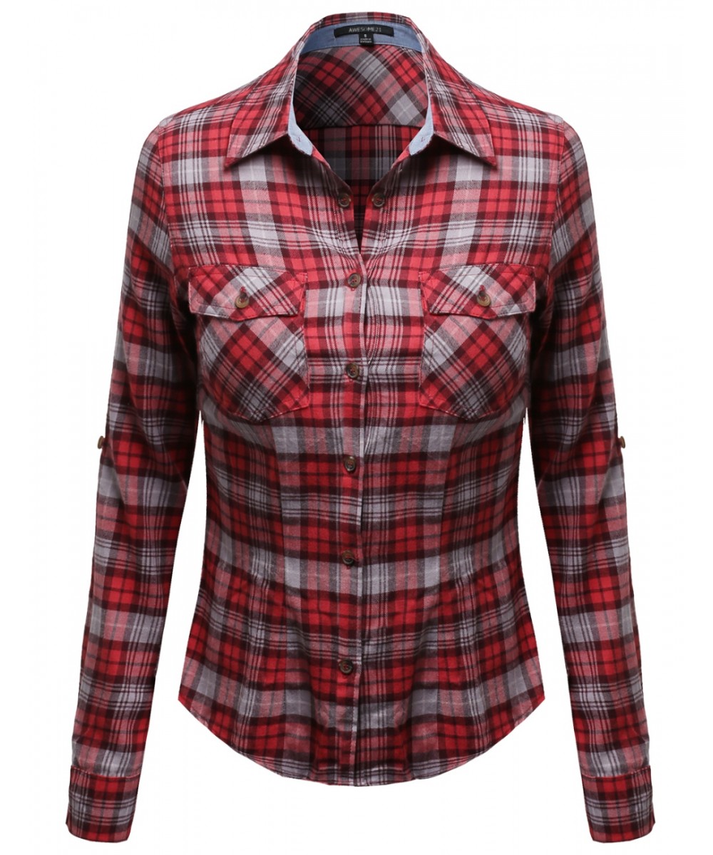 Flannel Plaid Checkered Rolled up Shirt Blouse Top - FashionOutfit.com